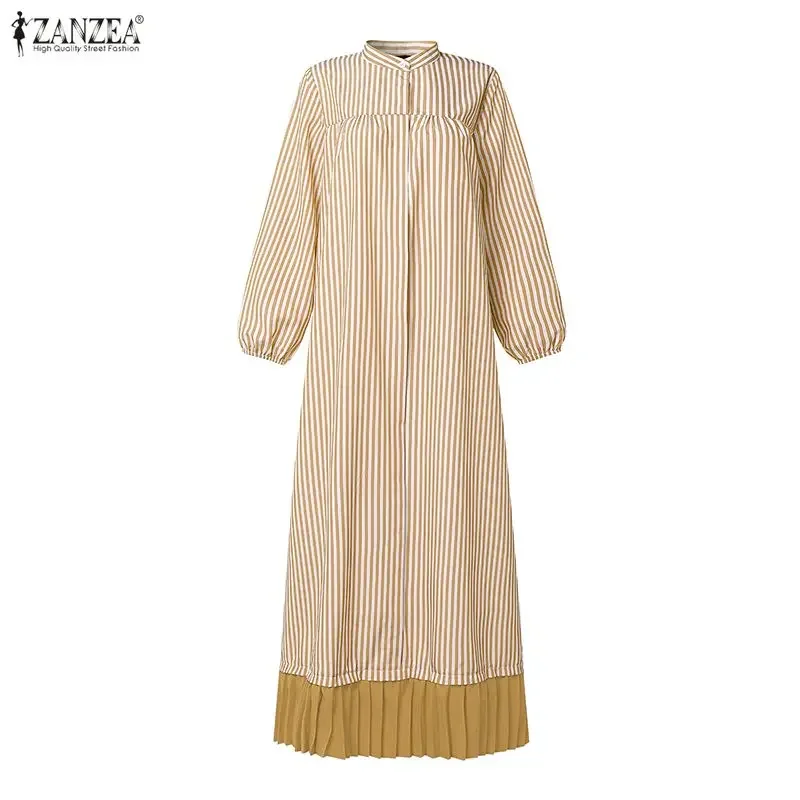 

Modest Stripe Patchwork Muslim Abaya Dress ZANZEA Fashion Women Long Sleeve Pleated Sundress Casual Kaftan Hijab Robe Femme 2026