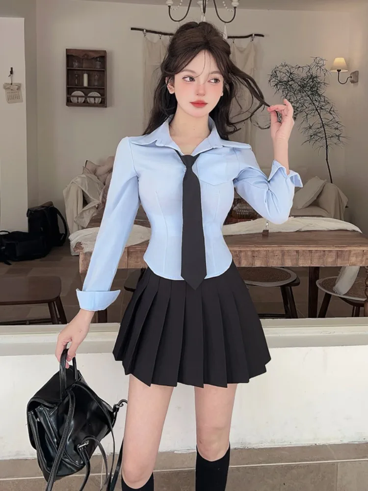 

Pure Desire College Style JK Uniform Blue Shirt Women's Long Sleeve Slimming Waist Inner Wear Top Skirt Two-Piece Set