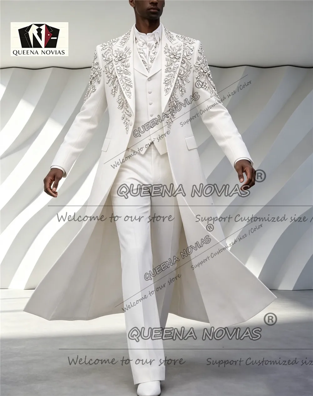 Luxury Men's Suit For Wedding Sliver Crystals Beading Prom Blazer Customized Long Jacket Vest Pants 3 Piece Sets Groom Tuxedos