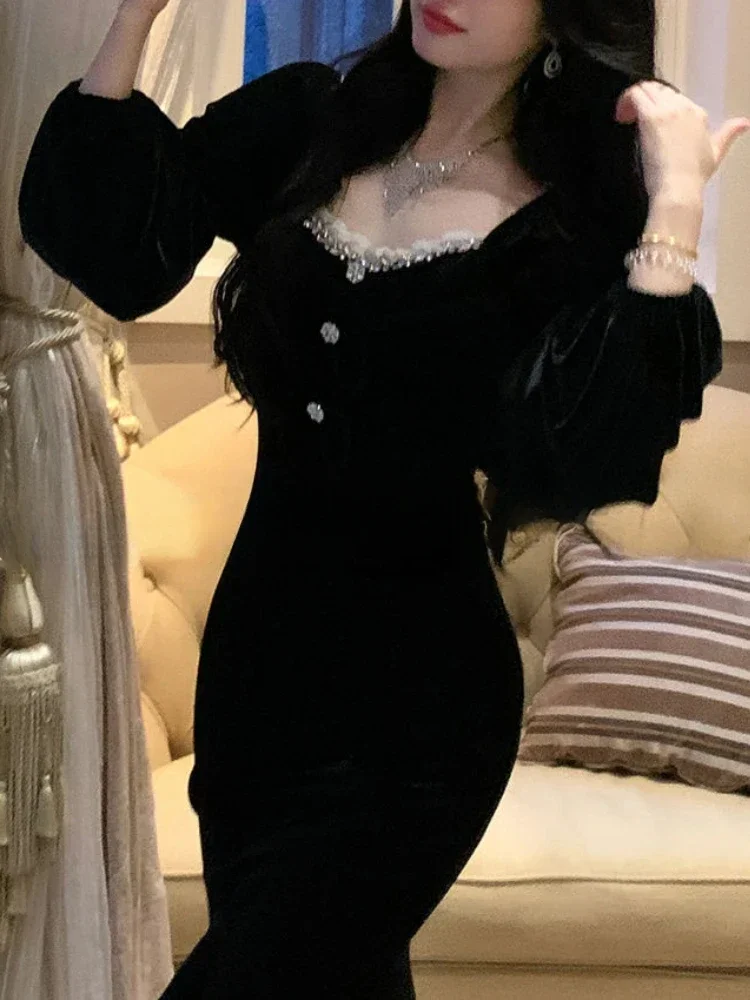 2025 invierno negro elegante vestido Midi de terciopelo mujeres Patchwork encaje Vintage sirena vestido femenino Casual coreano vestido de fiesta de noche