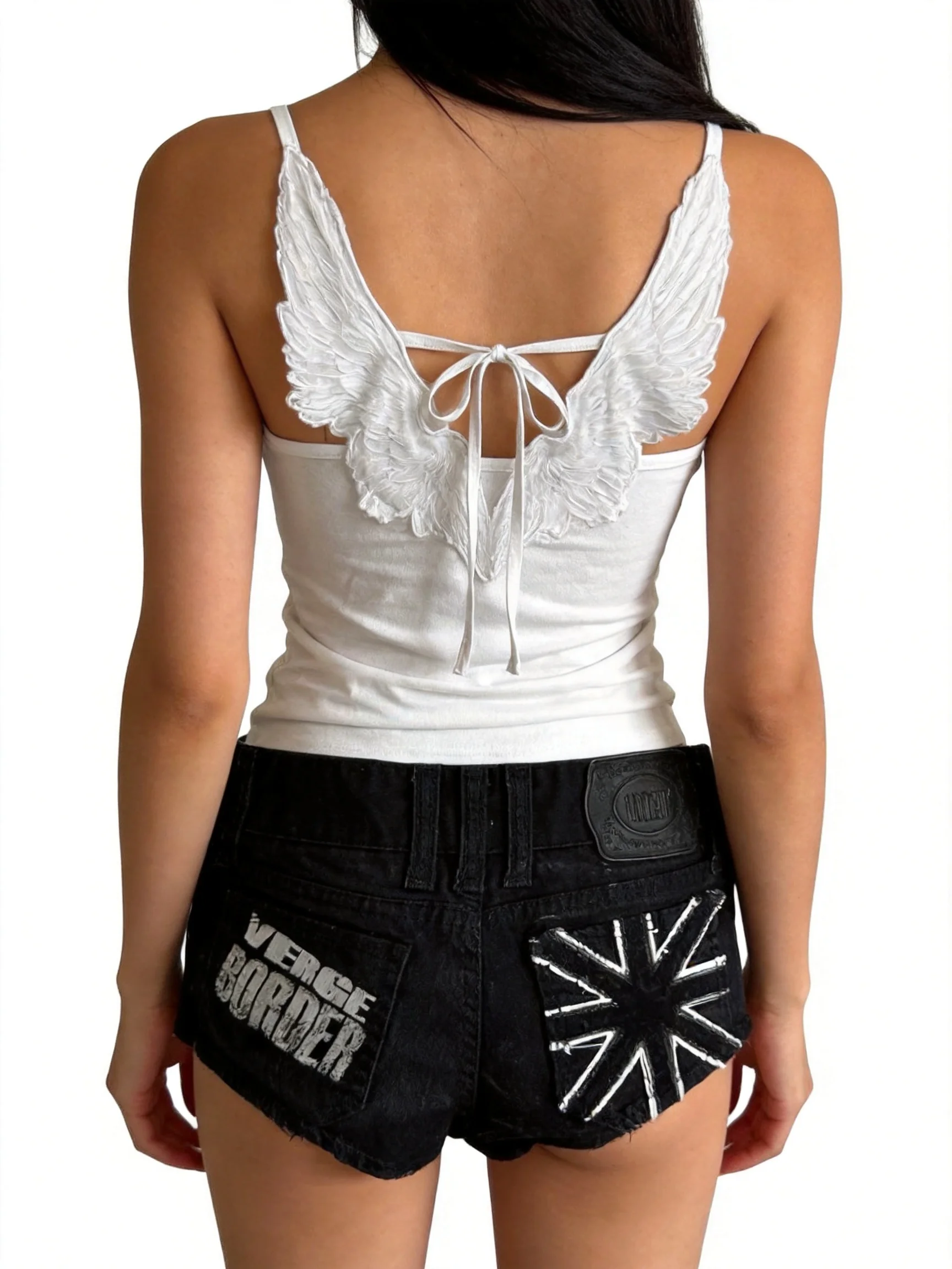 

Vintage Sexy Angel Wings Embroidered Vest Denim Shorts Suit Super Shorts Subculture Hip Hop Y2K Hot Girl Design Low Waist Pants
