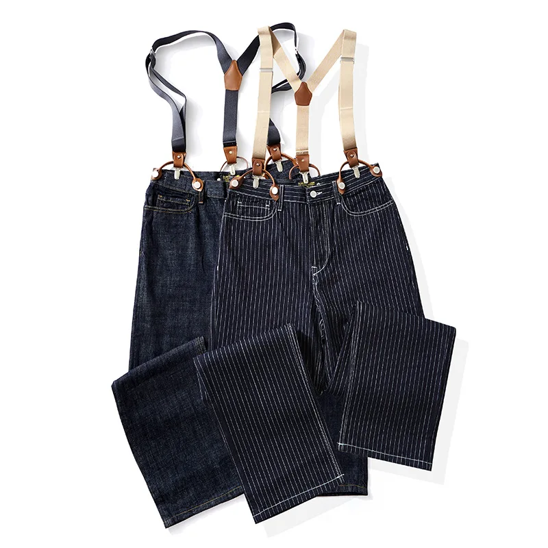 

Vintage Heavyweight 15oz Men's Straight Leg Jeans Motorcycle Stripe Workwear Overalls Retro American Style Casual Loose Fit