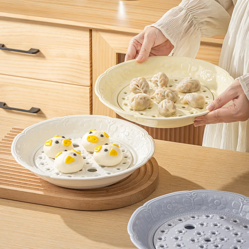 Creative Ceramic Steamer Plate High Value Dumpling Tray Double Layer Drain Dish Home Use