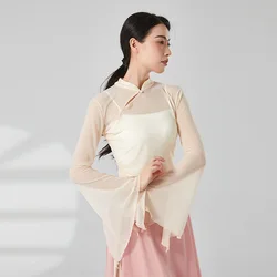Women Classical Dance Practice Wear Chinese Style Cheongsam Neck Mesh Top Flared Sleeve Split Elegant Pretty Performance Clothes