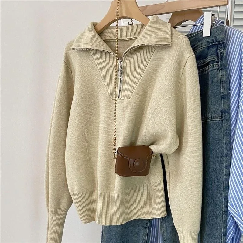 

Women's Half Zipper Mock Collar Pullover Sweater Autumn Winter Cashmere Bottoming Clothing Thickening Top Korean Stylish