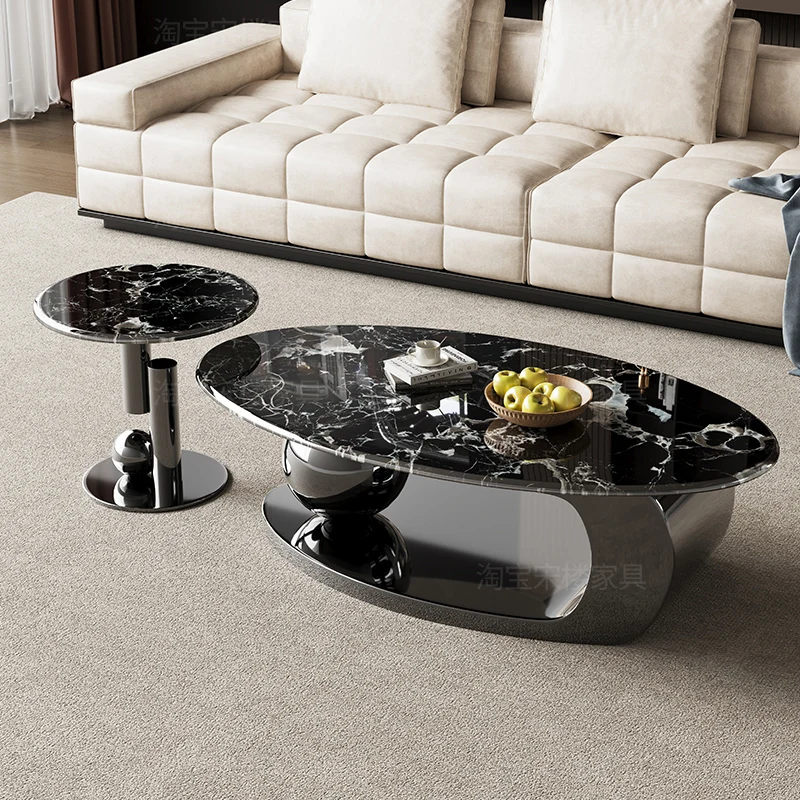 

Natural marble oval coffee table combination black rose living room home high-end tea table tea table