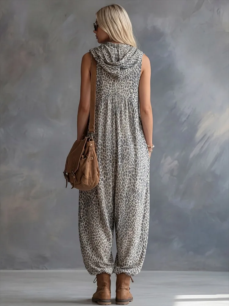 UOOZEE Women's Fashion Leopard Print Sleeveless Hooded Jumpsuits 2026 New Summer Casual Zip Front Loose Pockets Wide Leg Romper