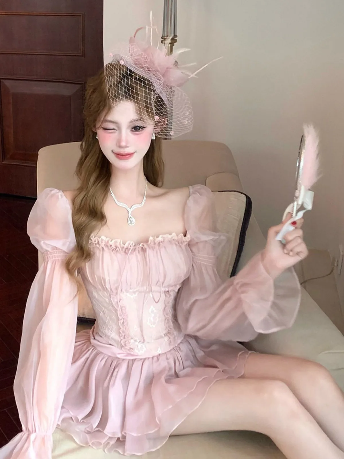 

Комплект из двух предметов Princ Sle с кружевными вставками и рукавами-фонариками, женский, модный, весна-лето, новинка, эластичный, стандартный крой, рубашка