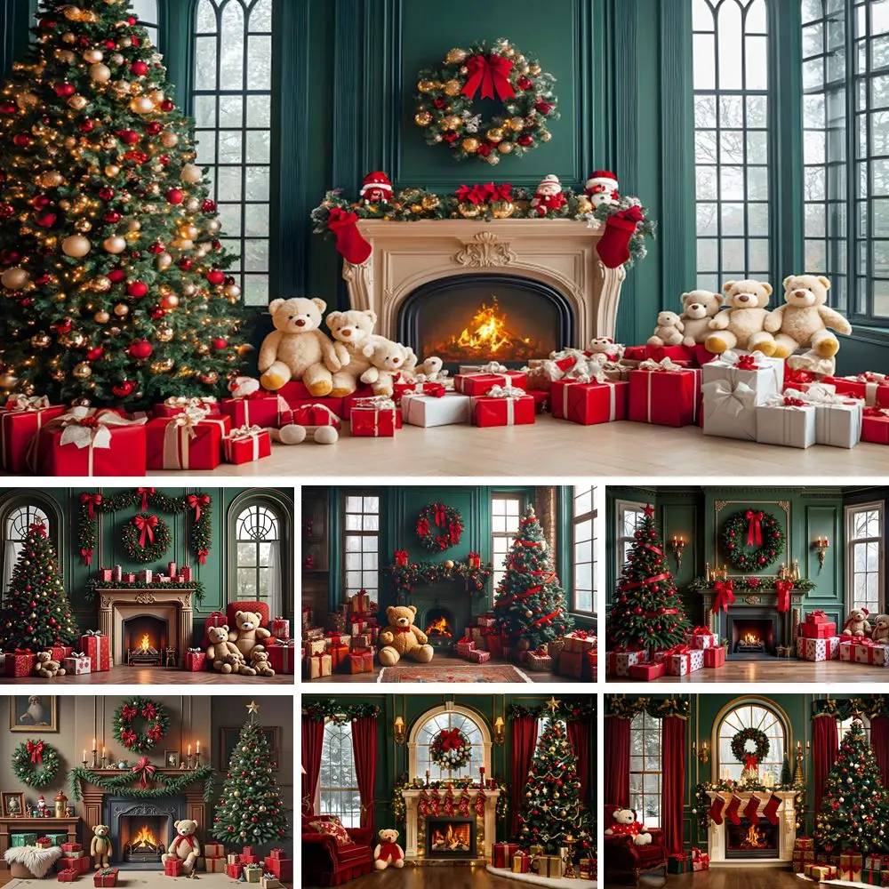 

2025 Christmas New Photography Backdrop Toy Bears Gifts Xmas Tree Fireplace Interior Room Christmas Decor Photocall Background