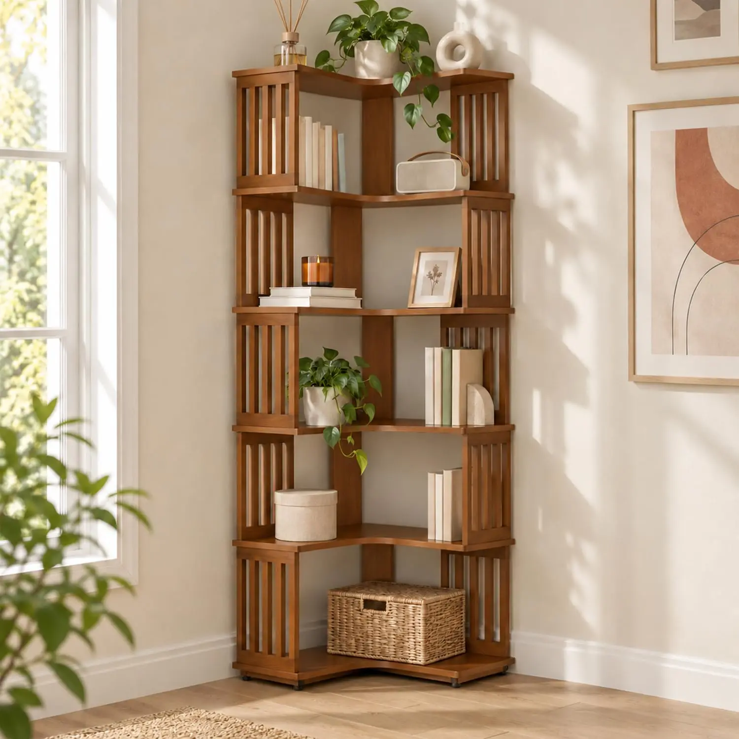 Solid Wood 5-Tier Corner Bookshelf L-Shaped Geometric Bookcase Freestanding Storage Shelf Living Room Bedroom Office, Customized