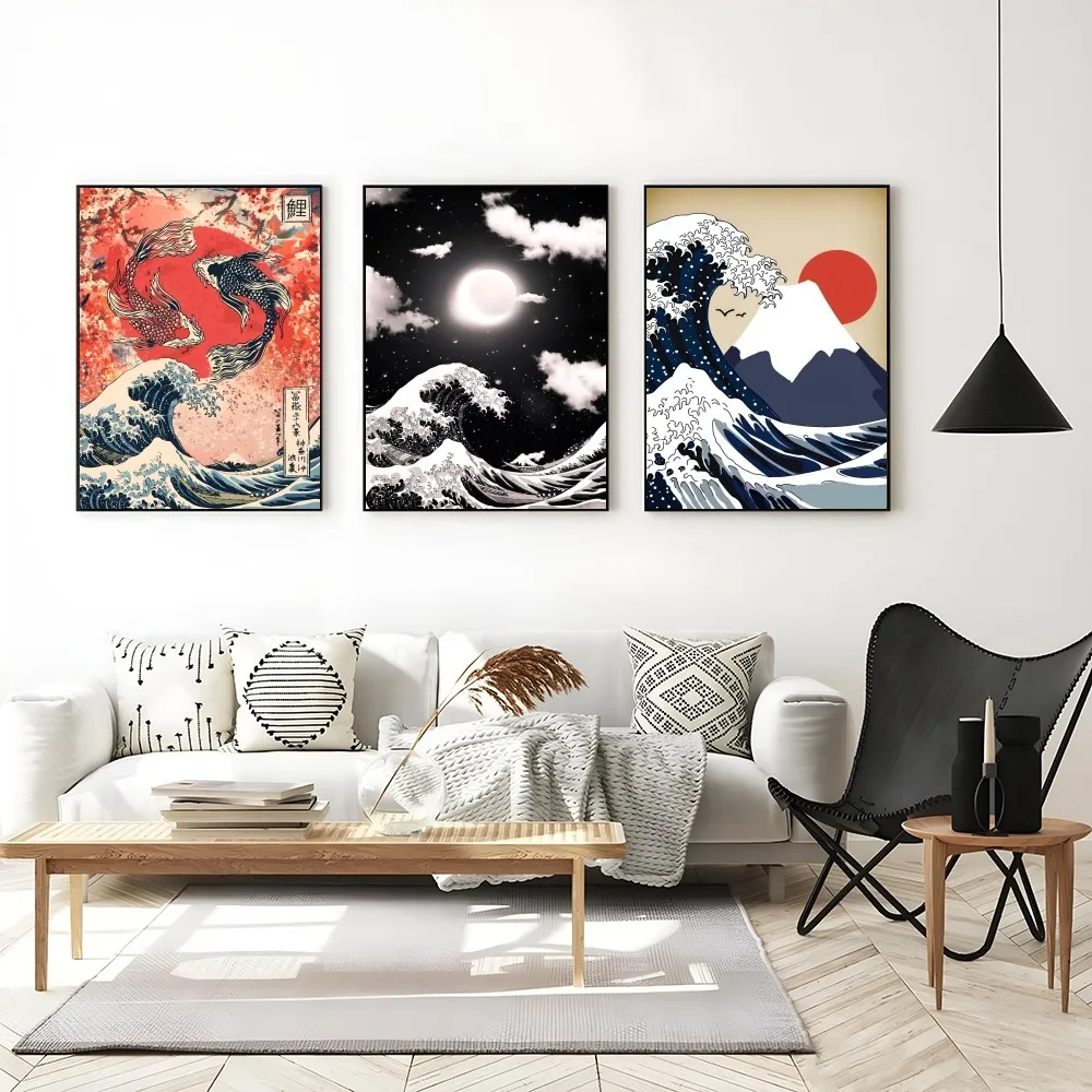 1PC Japanese Waves Poster Self-adhesive Art Waterproof Paper Sticker Coffee House Bar Room Wall Decor