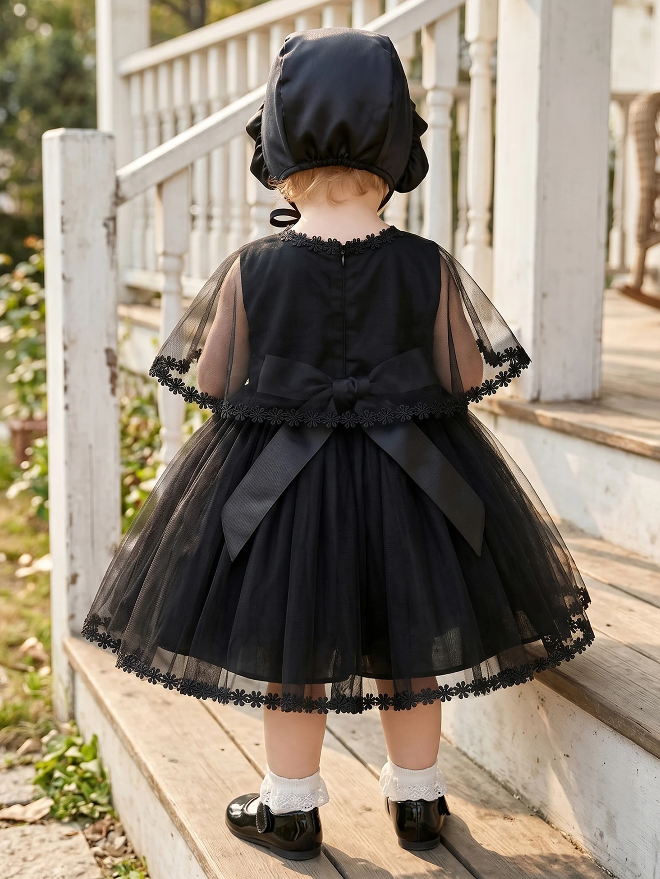 Baby Girls Black Lace Cape Tulle Dress With Bonnet Floral Trim Elegant Princess Gown For Halloween Event Celebration