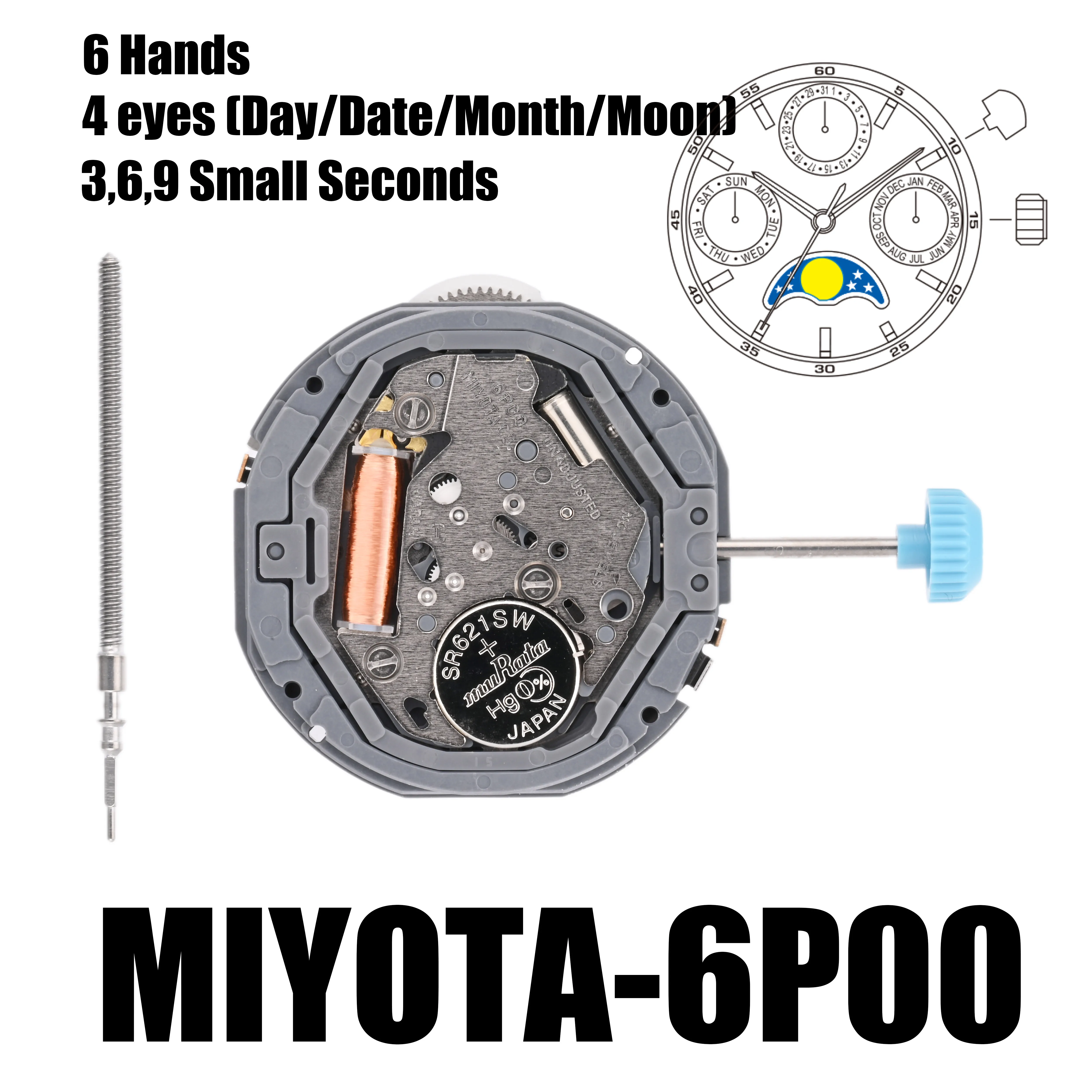 Japan 6P00 Movement Miyota 6P00 Movement Multi-Function Watch 4 eyes (Day/Date/Month/Moon)Moon-PhasePush button