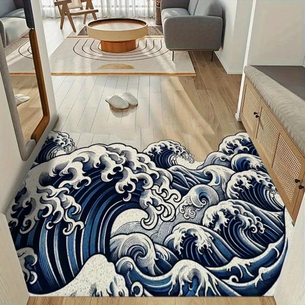 VIKAMA Japanese Ukiyo-E Great Wave Print Non-Slip Floor Rug for Entryway, Bathroom and Home Decor, Living Room Bedroom