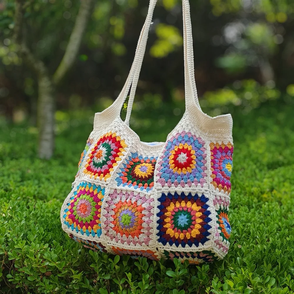 المرأة الكروشيه الجدة حقيبة مربعة محبوك حقيبة يد سعة كبيرة حمل حقيبة كتف للتسوق البقالة #3