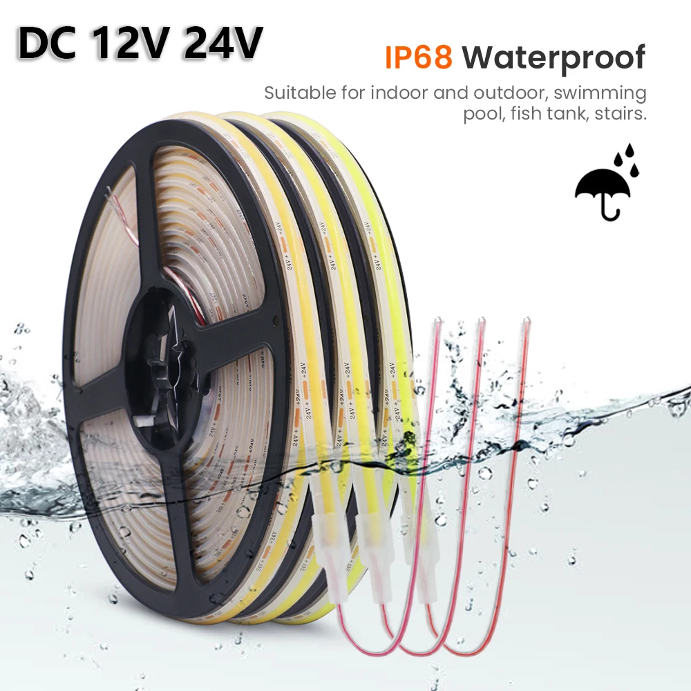 IP68 Waterproof COB LED Strip DC 12V 24V 5M 10M 15M 20M 320LEDs/m Flexible LED Tape for Fish Tank Swimming Pool Outdoor Lighting