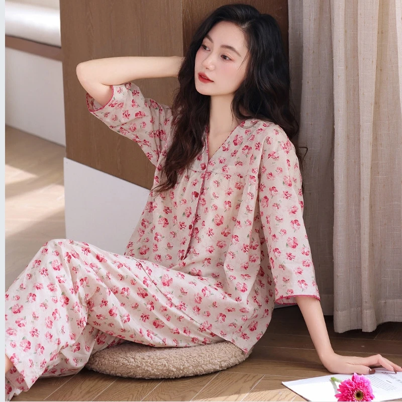 Woven cotton gauze sleepwear women's spring clothing, pure cotton seven quarter sleeves, 2026 new summer cotton mother's home cl