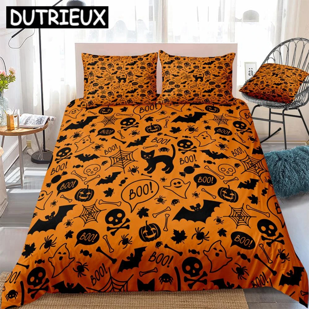 

3pcs Halloween Bedding Set Orange Quilt Cover Bats Skull Duvet Cover King Dropship Spider Bed Set Black Cartoon Kids Boys Girls