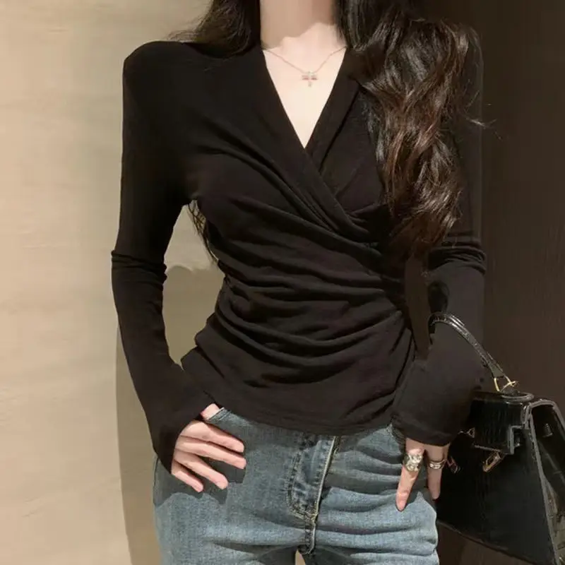 Spring High Waist Sexy Korean Style Retro Women\'s Clothing Casual Solid Color Irregular Folds V Neck Long Sleeve Y2K Chic Tops