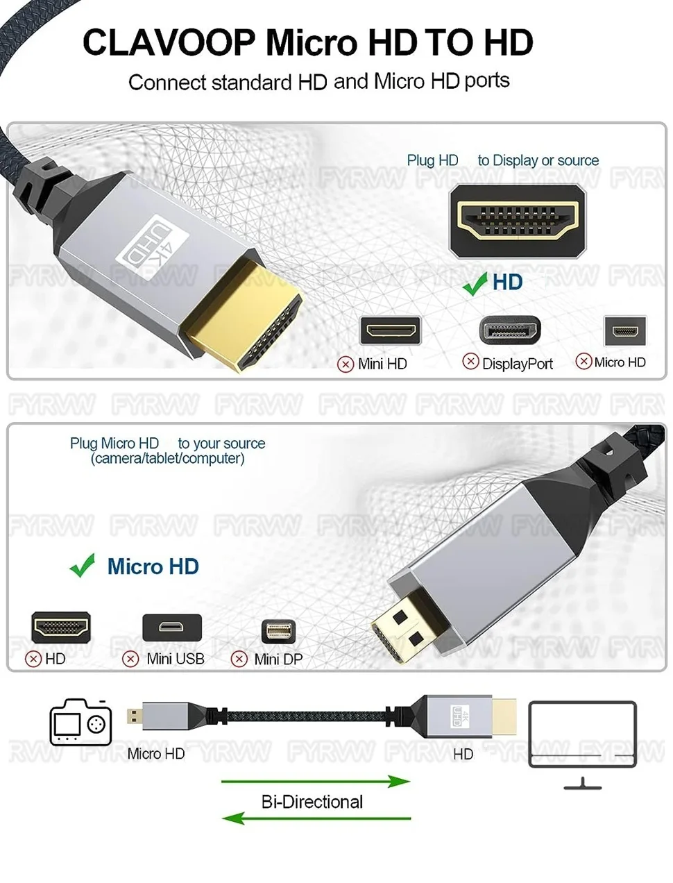 4K Micro HDMI-kompatibel zu HDMI-kompatibles Kabel für GoPro Hero Raspberry Pi 4 Sony A6000 Nikon Yoga 3 Kamera Micro HD zu HDTV – Detail 2