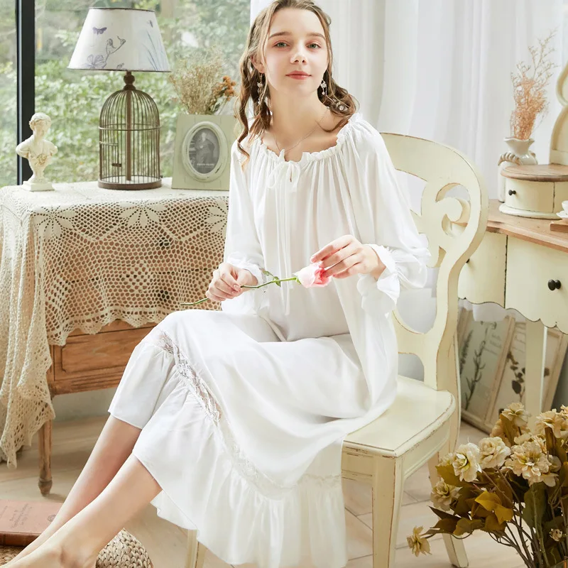 Sweet Lace Cotton Night Dress Women Long Robe Peignoir Vintage Victorian Nightgowns Princess Sleepwear Plus Size Sleeping Dress