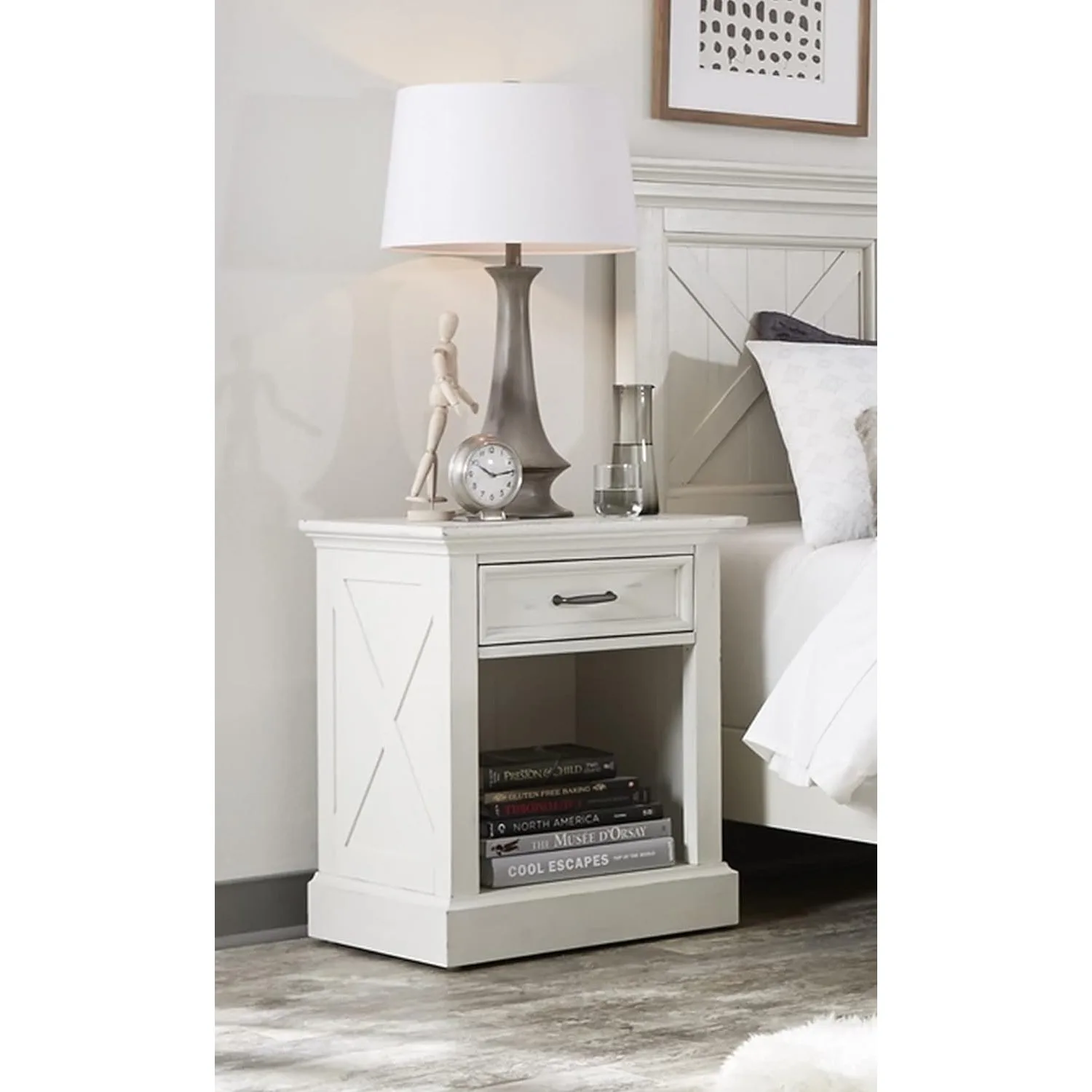 Home Styles Seaside Lodge Nightstand in White Finish, Wide Frame, Plank Top Design with One Drawer and Open Storage