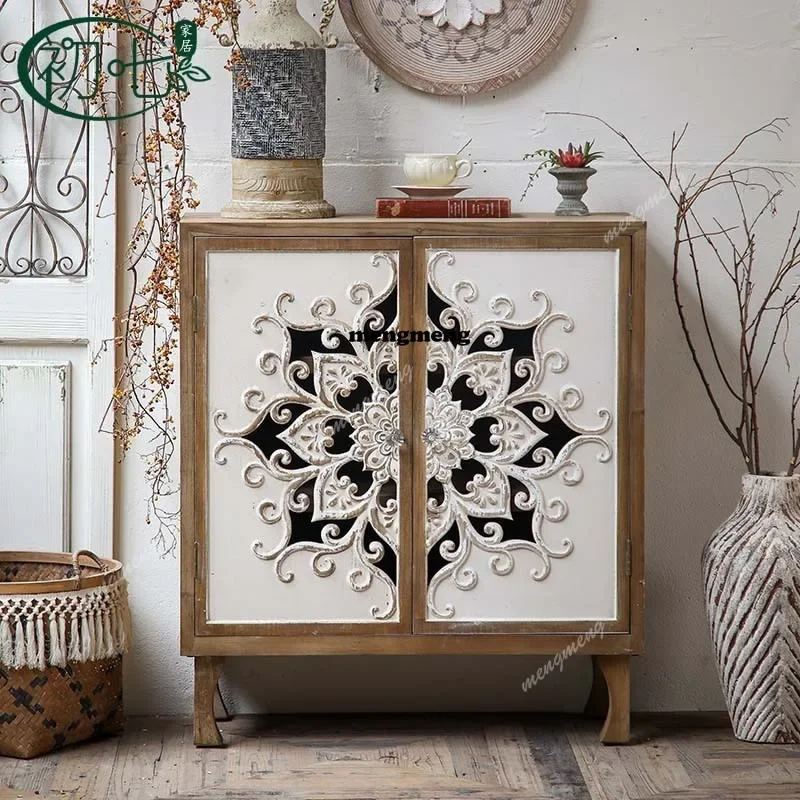 H132 Retro carved entrance shoe cabinet American country old relief decorative cabinet household corridor aisle cabinet