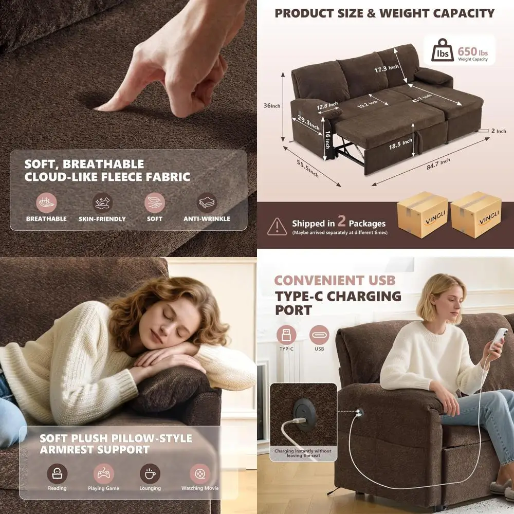 L-Shaped Sectional Sofa Bed with Storage, Cloud-Soft Leather, USB Ports, and Side Pockets in Brown