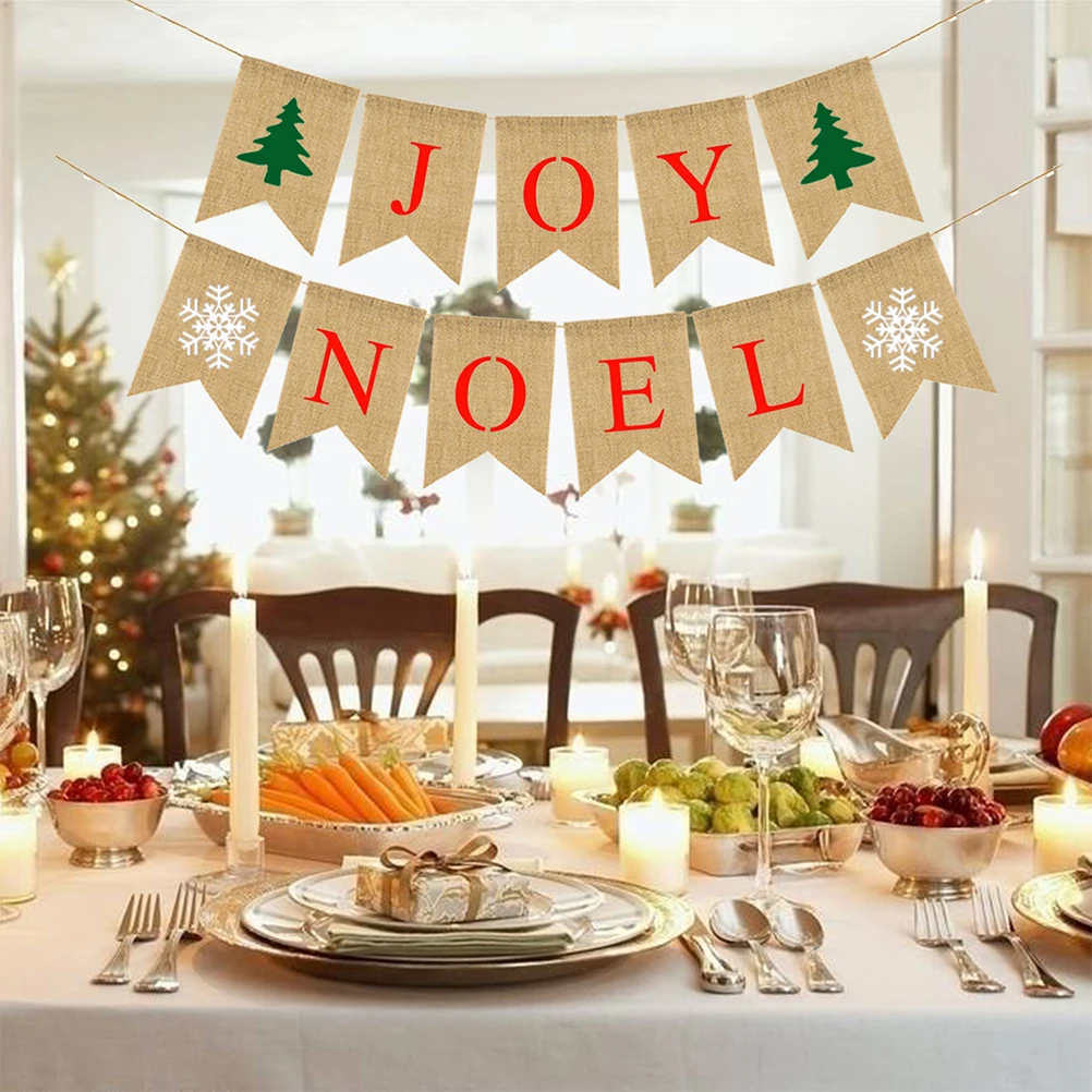 

Christmas Party Burlap Banner Set Snowflake Tree Print Linen Garland Bunting Fireplace Wall Decoration Reusable Festive Event