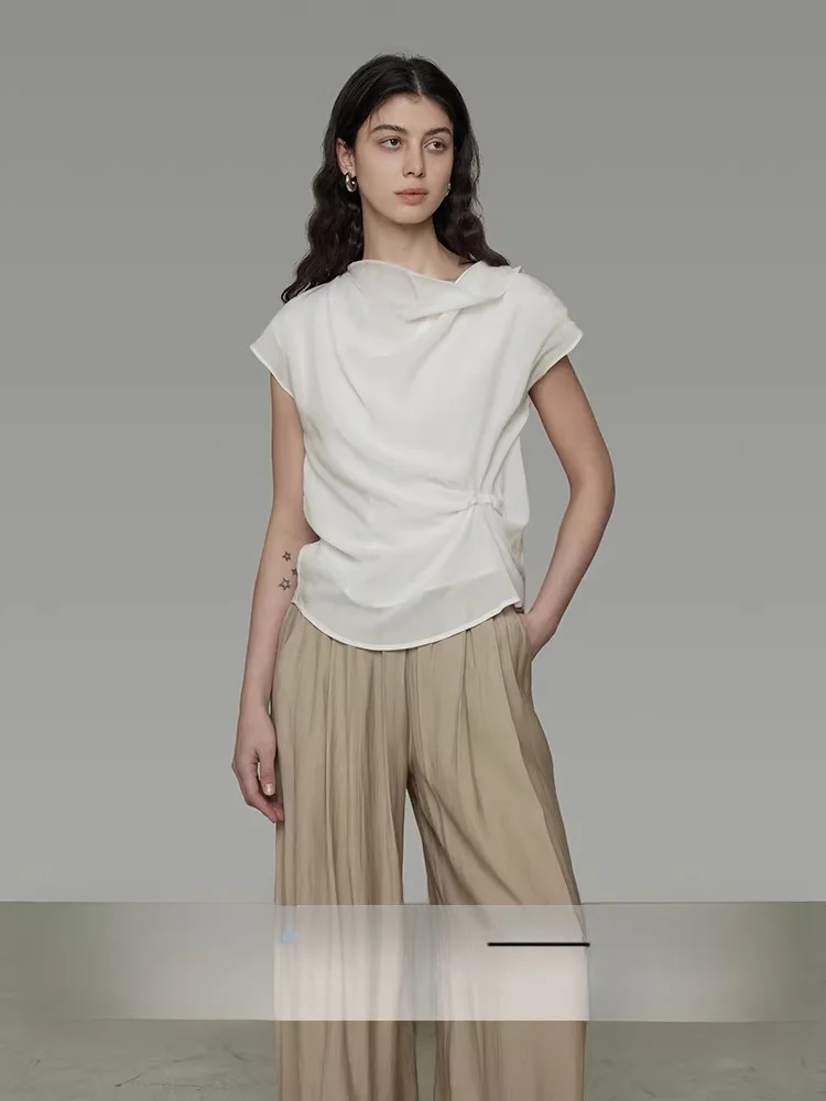 

Unspoken Women's Loose Fit Design Sensation Summer New White irt Irregular Collar Ele Top Comfortable Rceler Fabric