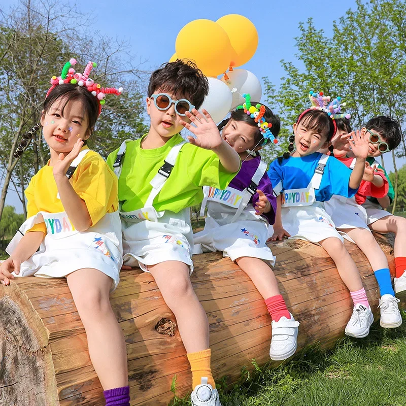 Girl Boy Jazz Dance Kindgarten Perform Costume Clothes Kid Kpop Hip Hop Multi Colors T Shirt Wide Casual Bib Shorts Overalls