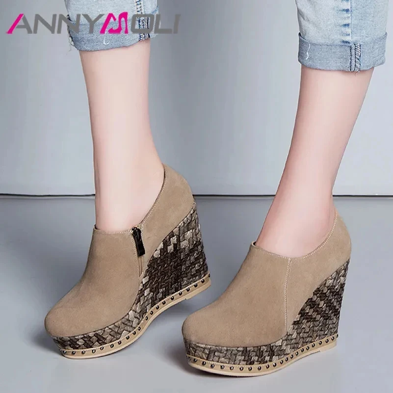 ANNYMOLI High Heels Women Shoes Cow Suede Rivets Platform Wedge High Heel Shoes Real Leather Zipper Round Toe Pumps Lady Size 39