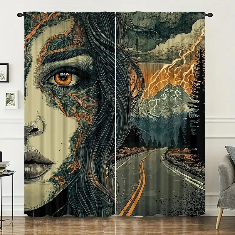Rideaux à thème Forêt sous orage, installés par la méthode de fixation sur tringle à poche, adaptés à la décoration des chambres, des salons et des balcons.