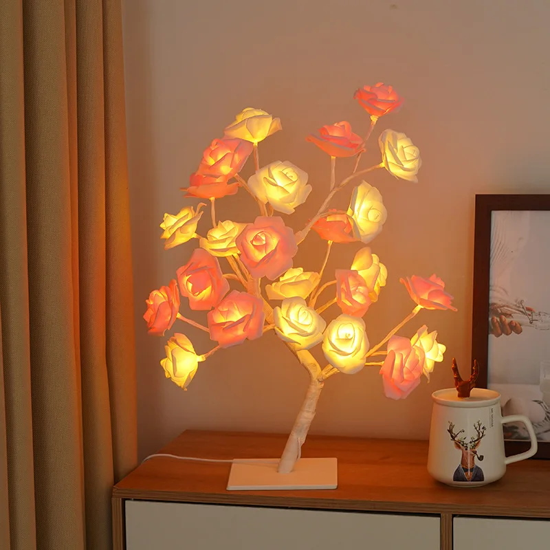 LED Rose Flower Table Lamp USB Christmas Tree Fairy Lights Maple Leaf Night Lights Home Party Wedding Bedroom Ramadan Decoration