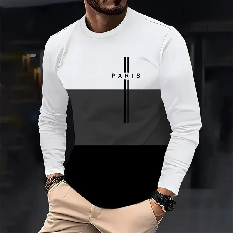 باريس متعدد الألوان الرجال فضفاضة طويلة الأكمام تي شيرت مطبوع موضة Crewneck تي شيرت غير رسمي مريح الرجال الربيع والخريف