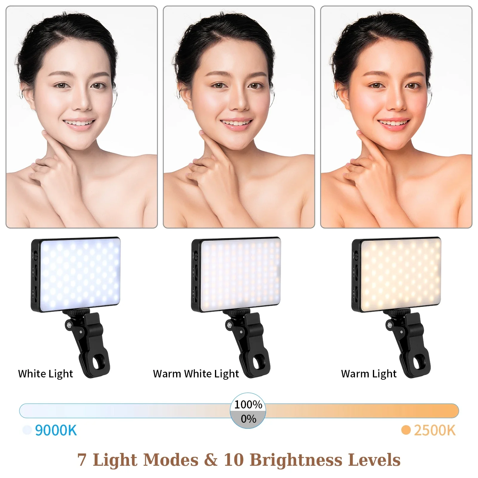 120  Phone Light, Selfie Light, Rechargeable Clip Video Light, Adjusted 3 Light Modes, suitable  Phone, Camera, Laptop