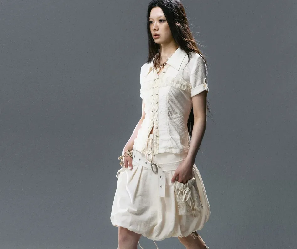 CestNous Original Retro Harajuku Revits Summer Short Sleeve Shirt Back Lace-up Slim All Match Apricot Subculture Tshirt Blouse