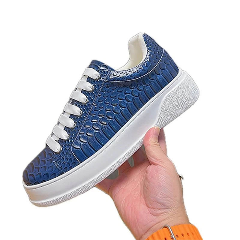 

Unisex Blue Platform Sneakers Men Cow Leather Round Toe Alligator Pattern Low-Top Lace Up Casual Shoes Luxe Flats Handmade