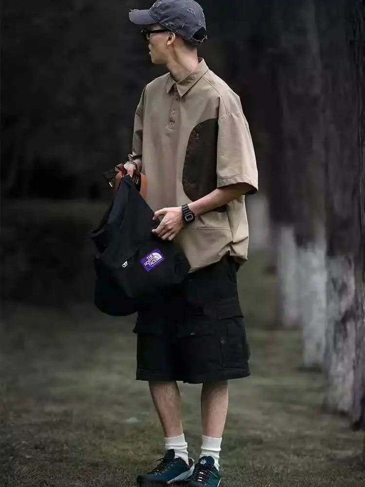 Composite Color Blocked Short Sleeved Shirt For Men's Summer New Item, Pocket Zipper Loose Pullover Shirt T-shirt