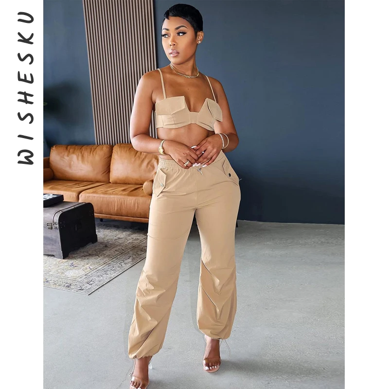 

Two Piece Set Women Tracksuits Sexy Spaghetti Strap Camisole Crop Top+High Waist Drawstring Joggers Pants 2023 Spring Fall