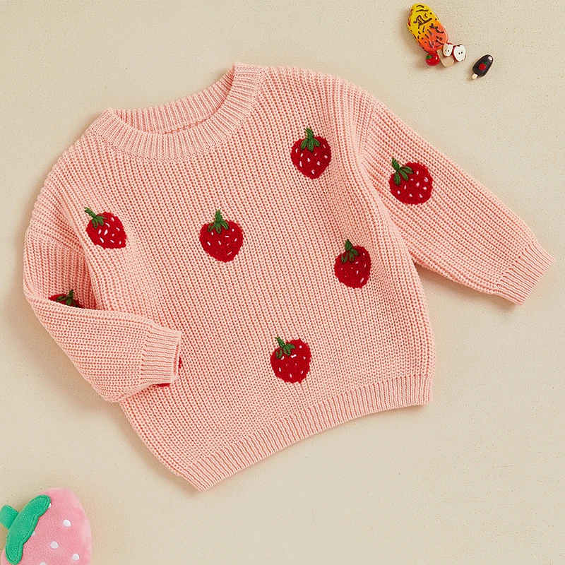 Toddler Girls Sweater Strawberry Embroidered Long Sleeve Pullovers Fall Winter Kids Clothes Baby Jumpers Tops