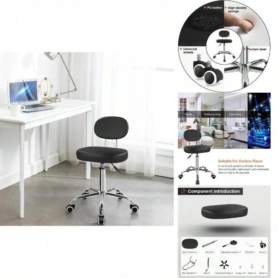 Home Office Chair Rolling Stool With Wheels Adjustable Height Work Stool Chair Matte PU Leather Armless Office Chair With Backre