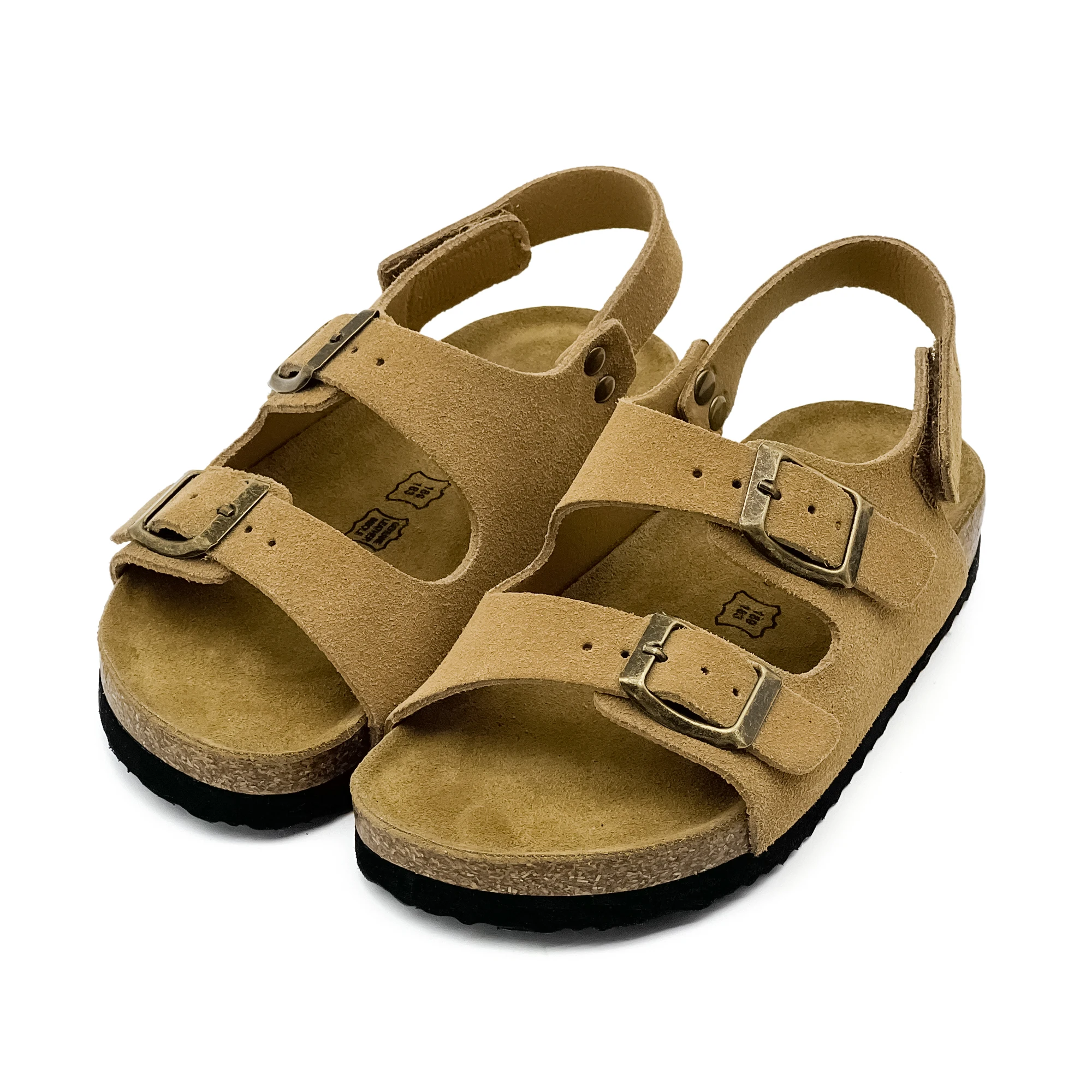 

Retro Toddler Kids Genuine Suede Sandals Adjustable Double Buckle Heel Strap Cork Footbed Arch Support Non-Slip for Boys Girls