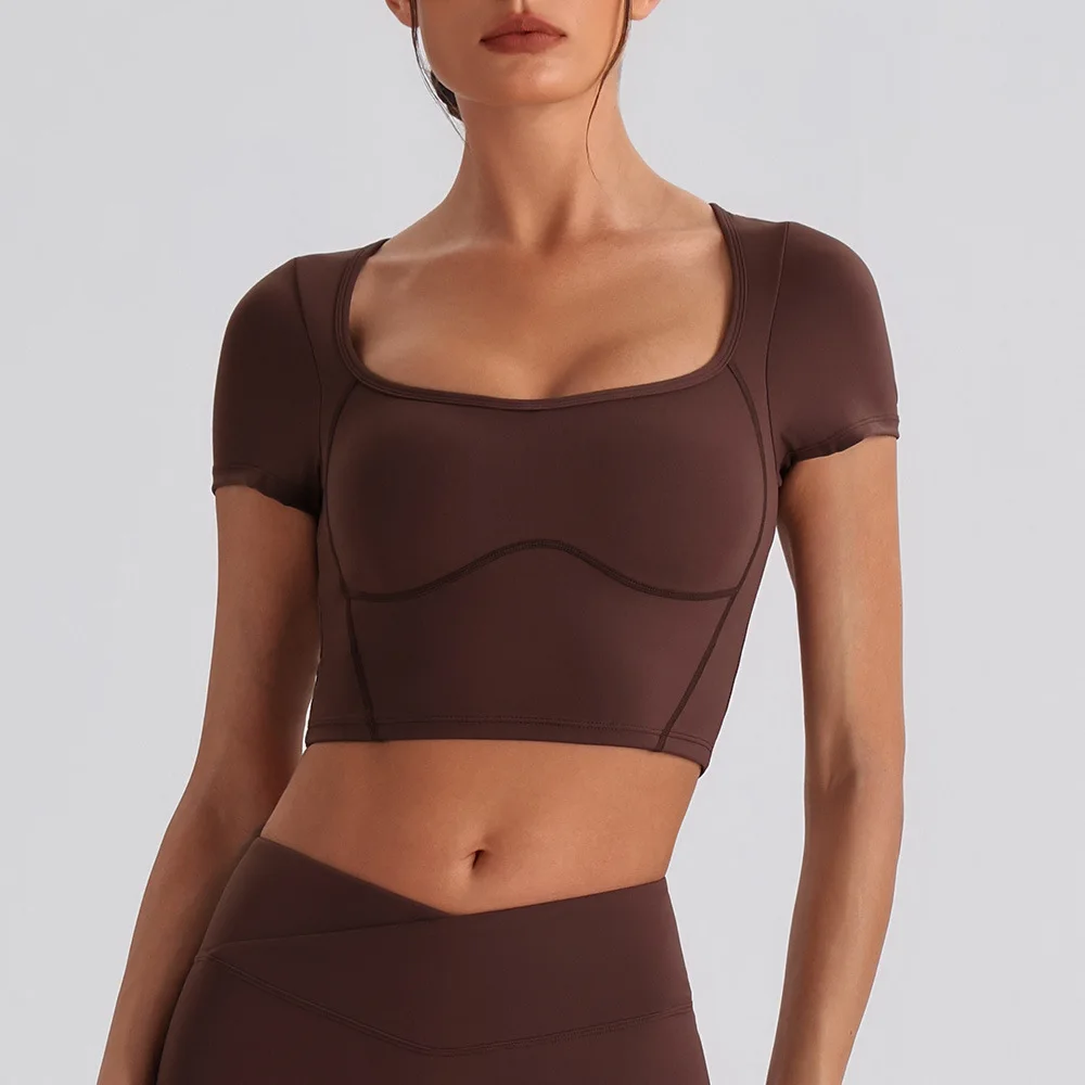 Women 2 Piece Yoga Set Square Neck Short Sleeve Crop Top High Waist Flared Pants Suit Soft Stretch Gym Fitness Workout Outfit