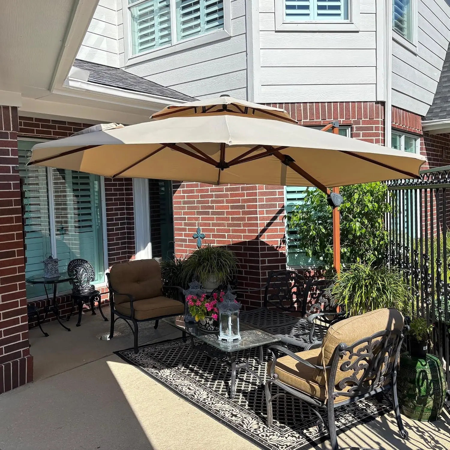 Wood-Grain Cantilever Umbrella 11ft Beige Patio Offset Hanging Umbrella with Base, Customized