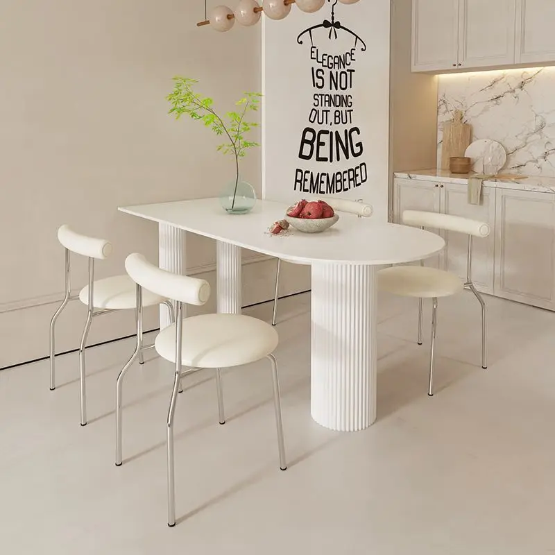 

Cream wind pure white rock slab dining table dining chair combination modern simple small apartment household semicircle