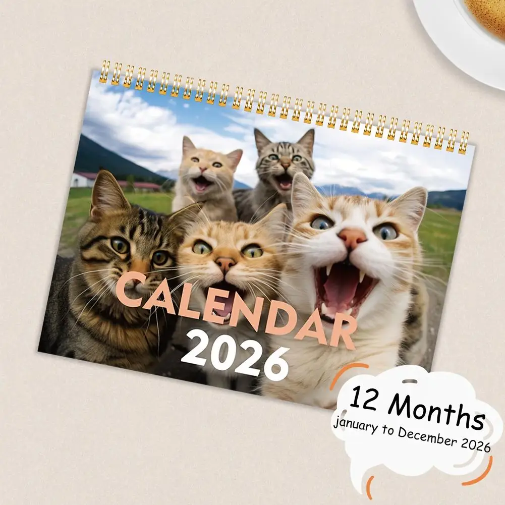 2026 Home Office Desktop Wall Calendar Funny Cute Cat Pattern Spiral Bound Daily Planner 2026 Cat Themed Decor Calendar
