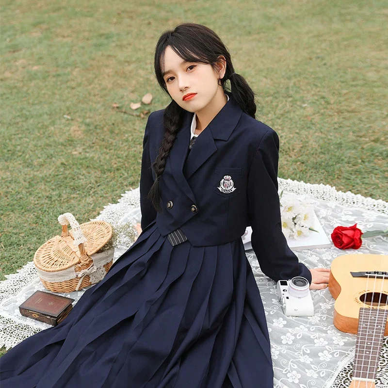 School Uniform for Women Solid Color Long Sleeve Jk Suit Coats New Tie Shirt Sling Pleated Skirt College Style Formal Clothes