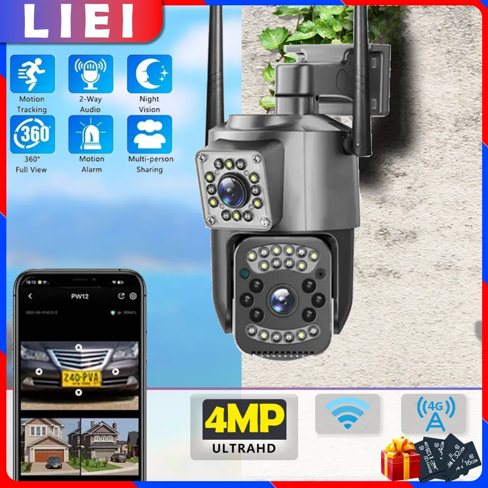 

LIEI 4MP Dual Lens 4G/WIFI Surveillance Camera Wireless Outdoor Security PTZ IP 360 Cameras AI Human Detect Digital CCTV Camera