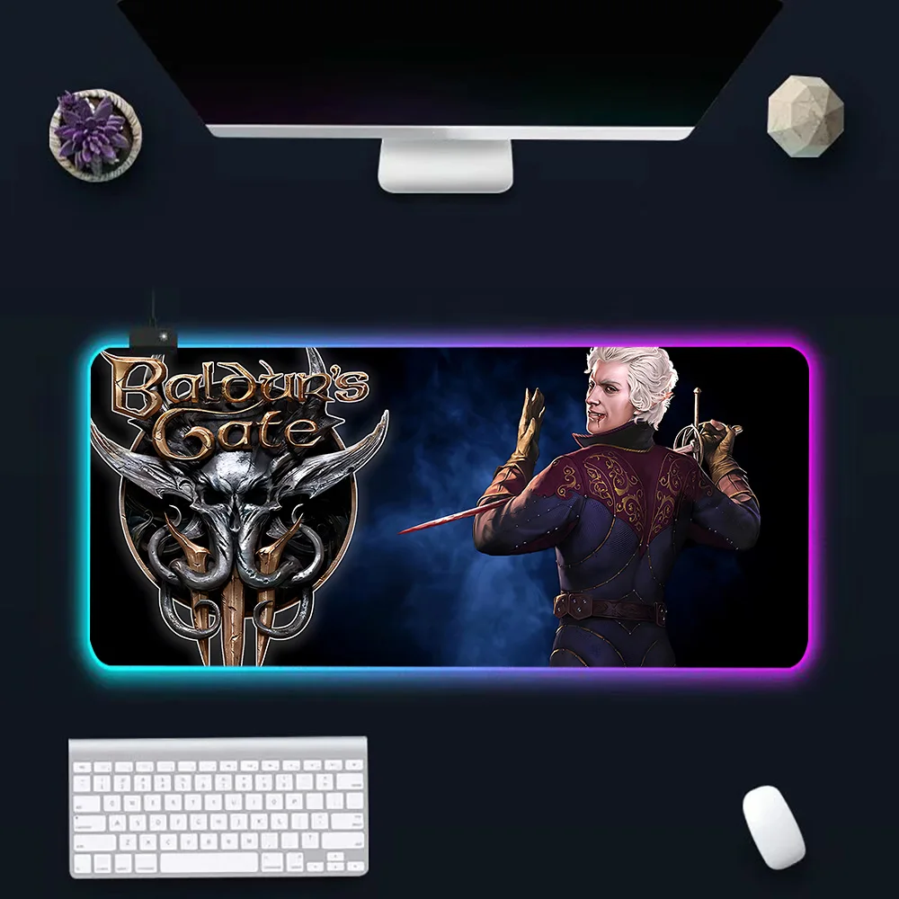 B-baldurs Gate 3 RGB Pc Mouse Pad, Mouse Pad bersinar LED, alas Mouse karet Komputer Gaming